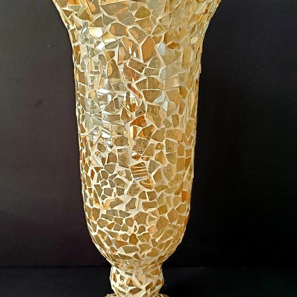 Elegant Tall Mosaic Glass Vase Neutral White Gold Cream Multi Colour Footed chic - Picture 2 of 8